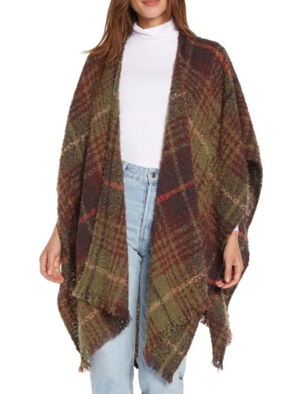 NWT Woolrich Brown Multi Boucle Plaid Shawl Wrap Women's One Size